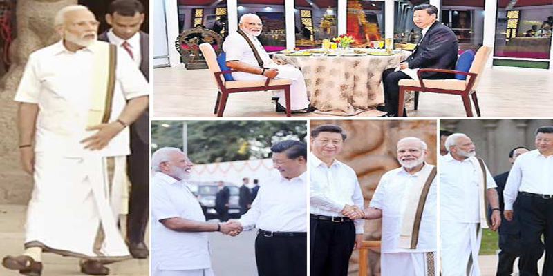 வேஷ்டியில் வந்து அசத்திய மோடி – சீன அதிபரை சந்திக்க பிரதமர் மோடி, வேஷ்டி, சட்டை, தோளில் துண்டுடன் வந்தார்